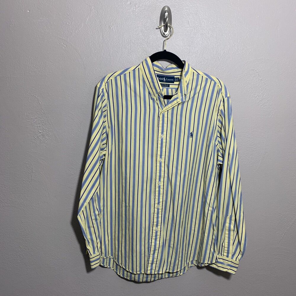 Ralph Lauren Mens Button-Up Classic Fit Shirt Yellow Blue Stripe Sz 16 1/2 34/35